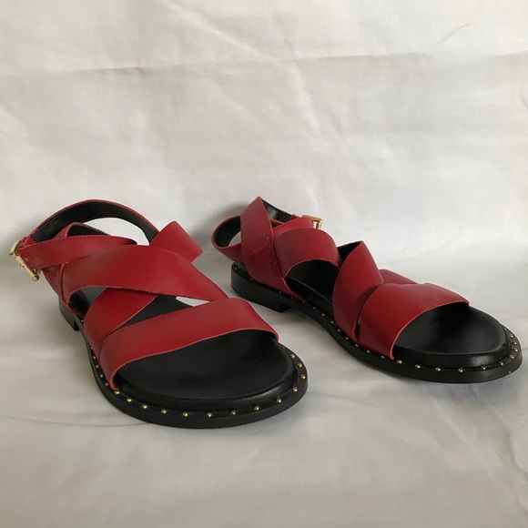 TOPSHOP Hampton red leather studded sandals - Picture 4 of 6